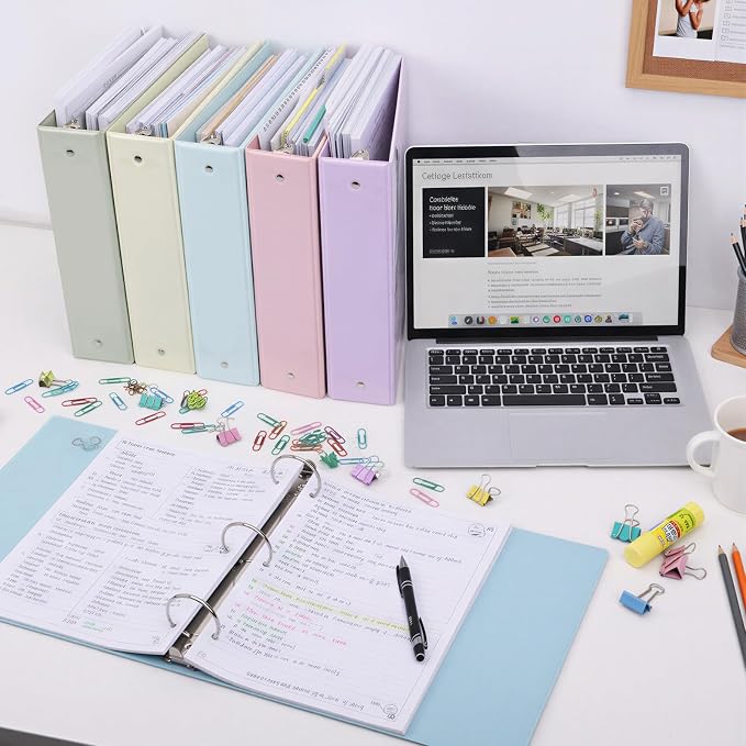 EOOUT 6 Pack 3 Ring Binders 2 inch, Three Round Ring 2'' Binders with 2 Pockets Interior, 6 Assorted Pastel Color, Fits 8.5'' x 11'' Letter Size Paper for School Office Supplies
