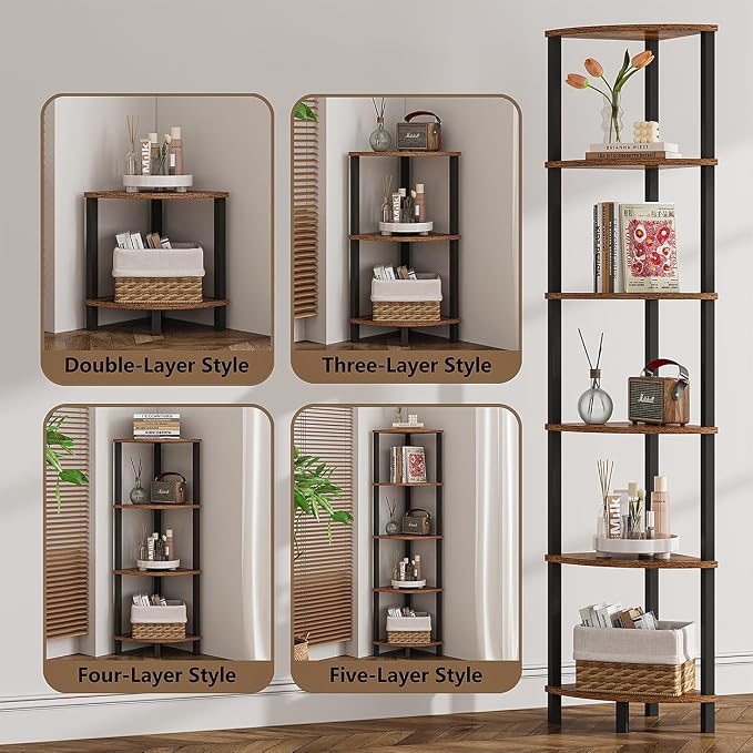 VIMBER Corner Shelf, 6-Tier Corner Bookshelf, Industrial Corner Ladder Shelf, DIY Storage Shelves, Rustic Display Shelf for Living Room, Bedroom, Kitchen, Home Office, Rustic Brown and Black UJSJ004F