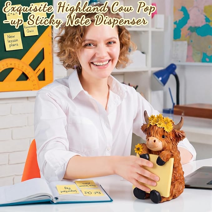 Thenshop Back to School Sunflower Highland Cow Pop up Sticky Note Dispenser | Fall Resin Highland Cow with 100 Sheets, Sticky Note Holder, 3 x 3 Inch, Highland Cow Desk Accessories, Classroom School Gift