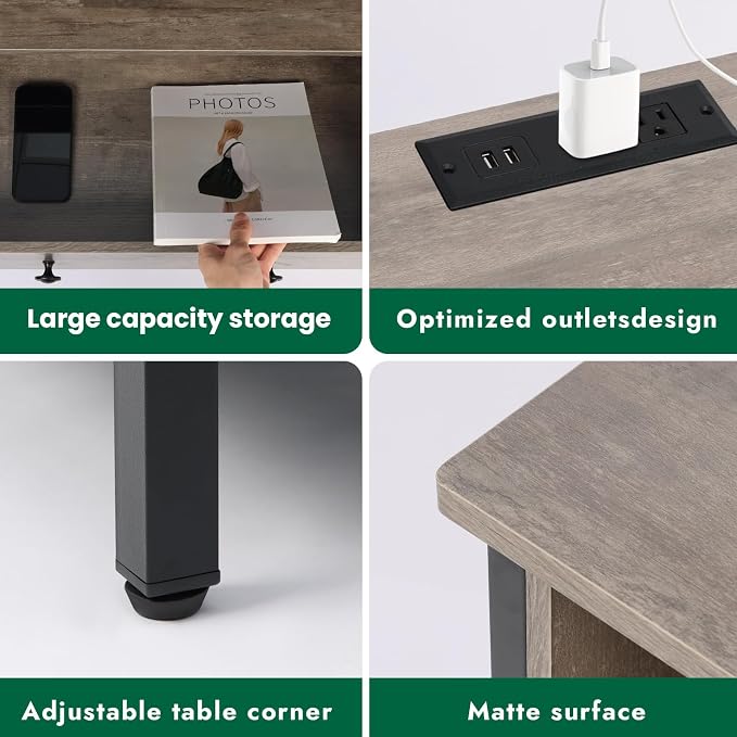 27" LED Nightstand Set 2 with Charging Station, 2 Drawers, Gray | RGB App Control, 2 AC Outlets & 2 USB Ports, Open Storage, Adjustable Feet, Wood Tall Nightstand for Bedroom or Office