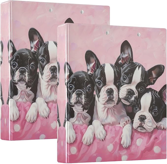 Boston Terrier Puppies Pink 1.5 Inch Binders 3 Ring for Letter Size Holds 200 Sheets Notebook Binder with Clipboard for Women or Men 2 Pack