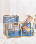 5-Compartment Desk Organizer for Home Office Supplies, Gold Brass with Blue Glass, Workspace Storage for Stationery, Cosmetic, Makeup Tools and Brush.