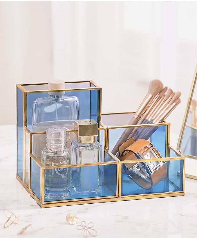 5-Compartment Desk Organizer for Home Office Supplies, Gold Brass with Blue Glass, Workspace Storage for Stationery, Cosmetic, Makeup Tools and Brush.