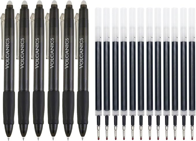 Volcanics Retractable Clicker Erasable Gel Pens, Soft Black, 0.7mm, 18 PCS
