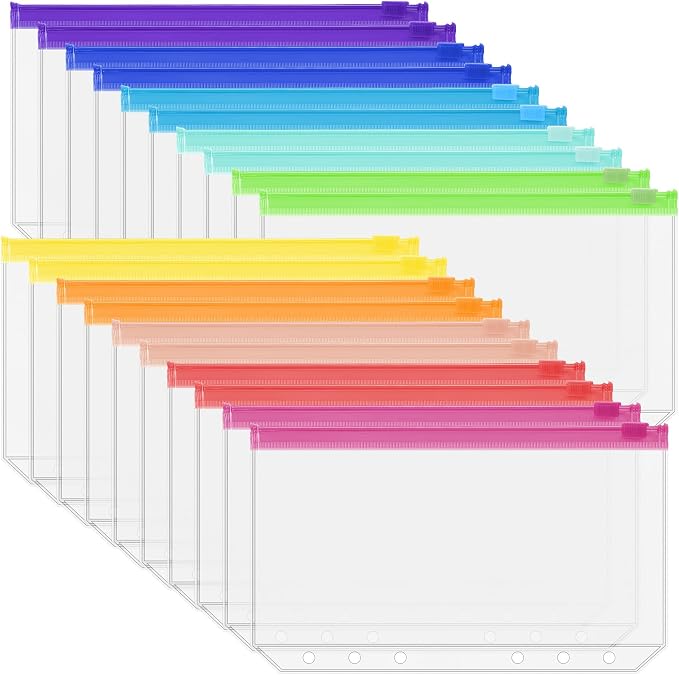 Antner 20PCS A6 Binder Pockets 6-Hole Budget Binder Inserts, 10 Assorted Color Zipper Pouch Folders Cash Stuffing Envelopes for Budgeting, Loose Leaf Filling Bags Money Organizer for A6 6-Ring Binders