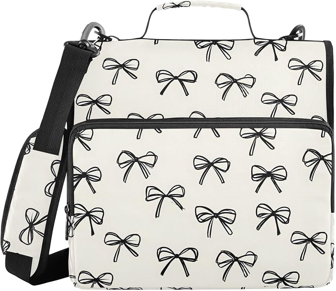 Black Bow Pattern Zipper Binder 3 Ring with Handle and Shoulder Strap, 500 Sheet Binder Organizer Capacity & Multi-Pockets for School Office