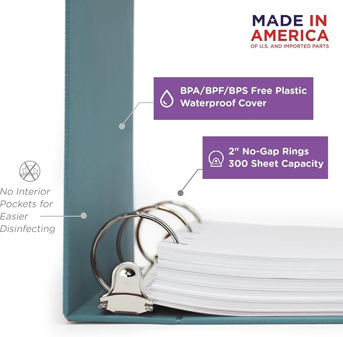 Carstens 2-Inch Heavy Duty 3-Ring Binder - Side Opening, Powder Blue, Durable Plastic, No-Gap Rings, Waterproof Cover No Pockets, Holds 300 US Letter Sheets, BPA-Free, Made in USA (2824-3R) Case of 16