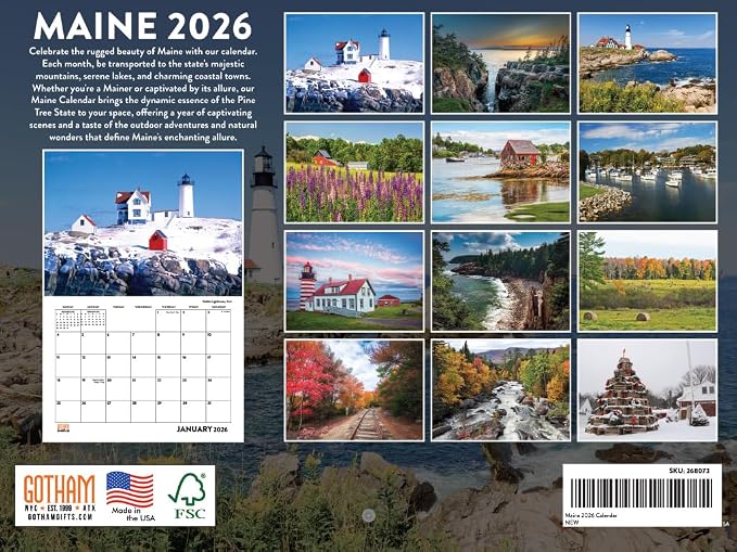 Maine Calendar 2026 Wall 12 Month Monthly ME Scenic Souvenirs Themed Gifts | American Made In The USA