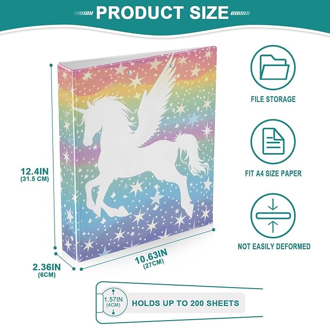 JIPONI 3 Ring Binder Winged Unicorn and Stars 1 Inch Round Binders for Men Women Students, Cute File Organizer for Office School, 2pcs