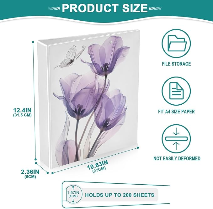 3 Ring Binder Purple Tulips Flower Butterfly 1.5" Round Ring Binders View Binder with 200 Sheet for Kids School Supplies Women Men Office, 1 Pack