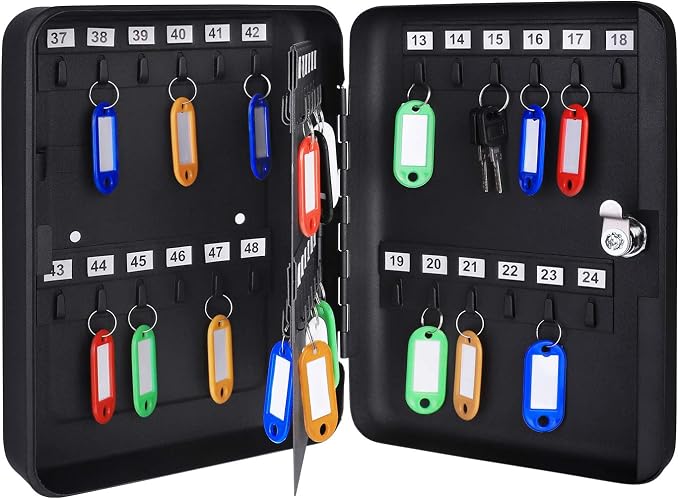 Amazon Basics Locking Steel Security Cabinet Key Lock Box with 48 Key Hooks, Key Storage, 2.8"D x 7"W x 9.8"H, Black