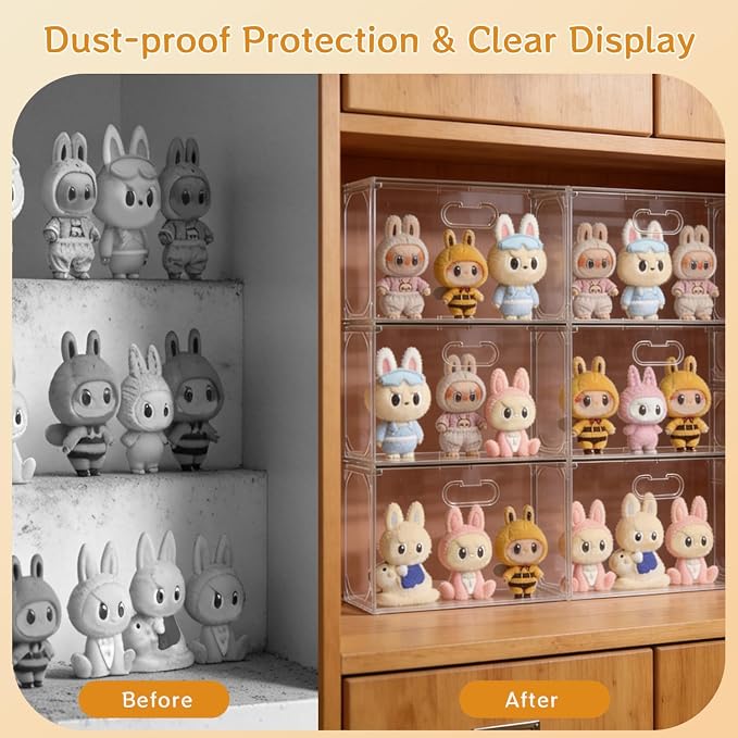 Kuject 8 Pack Clear Display Cases for Collectibles, 2:3 Aspect Ratio Stacking for DIY Display Shelves, Small Figure Display Cases for Labubu with Magnetic Door & Dividers, Dustproof Toy Organizers