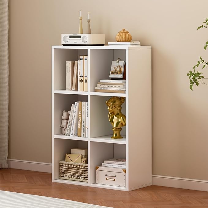 6-Cube Storage Shelf Bookcase, Warm White | Wooden 3-Tier Open Bookshelf, Fits 11×11" Bins, Vertical or Horizontal Use, Full Back Panels, For Home Office
