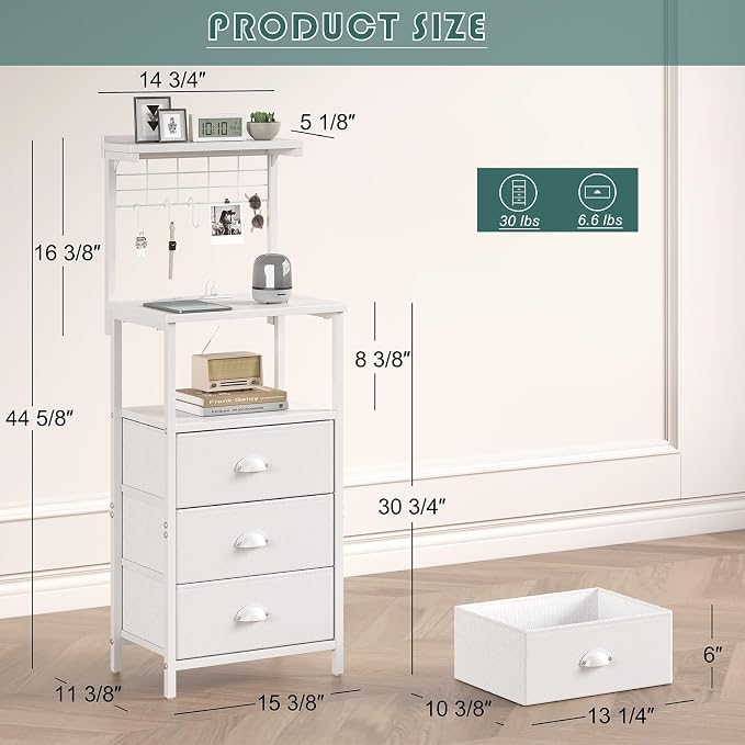 sthmec Bedside Tall Nightstands with Charging Station, LED Bedside Table for Bedroom - 3 PU Fabric Drawers, Hooks, USB/Type-C Ports & Open Bedside Shelves, White