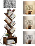 Evermagin 6 Tier Tree Bookshelf with Light, Bookcase, Branch Pattern | Rustic Brown Small Book Tower, Storage Cabinet for Book Organization, Floor Standing for Living Room, Bedroom & Home Office