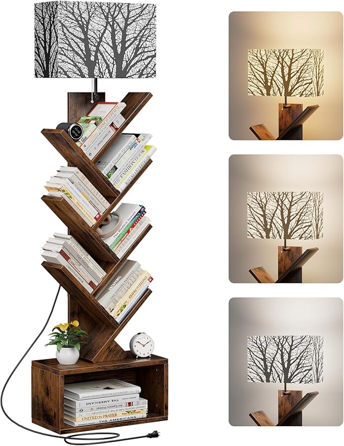 Evermagin 6 Tier Tree Bookshelf with Light, Bookcase, Branch Pattern | Rustic Brown Small Book Tower, Storage Cabinet for Book Organization, Floor Standing for Living Room, Bedroom & Home Office
