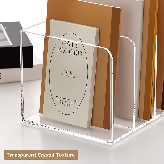 SANRUI Acrylic Desk Magazine File Holder, Clear,4 Vertical Compartments | Workspace Document Organizer Sorter for Documents, Tablet, Magazines, Books & Accessories