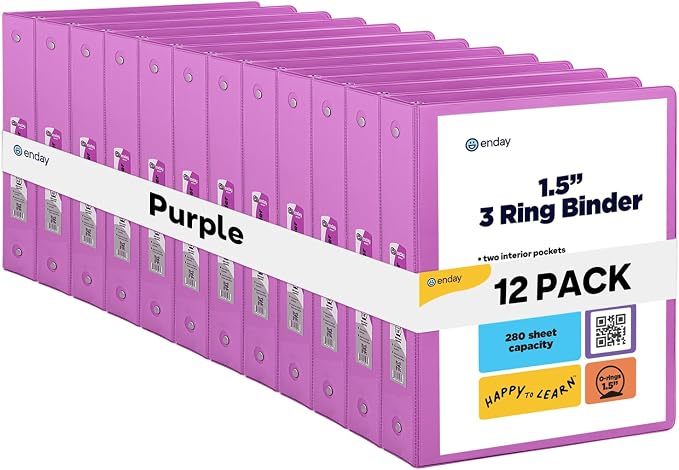 Enday 1.5 Inch Binder (12 Pack - Purple) 3 Ring Binder 1.5 inch with Clear View Cover and 2 Inside Pocket - for Letter Size 8.5 x 11'' Paper, Ideal for School Supplies, Office, and Home