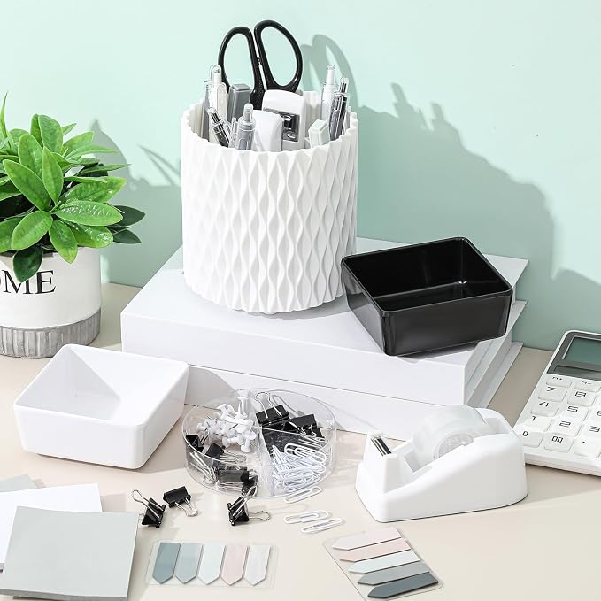 Kosiz 27 Pcs Black and White Desk Accessories Gift for Aesthetic Desk Organizer White Office Supplies Pen Holder Sticky Notes Stapler Binder/paper Clips Scissor Staple for Back to School(Classics)