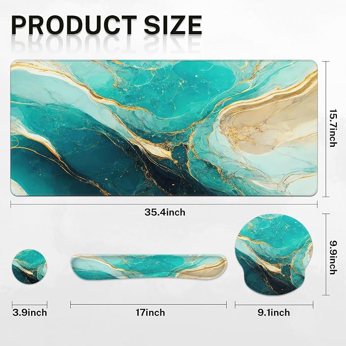 Keyboard Mouse Pad Set, 4 in 1 Desk Mat Set, Marble Green | Gold Large Mousepad+Keyboard Wrist Rest+Mouse Wrist Rest+Coaster Ergonomic Design for Home Office Computer