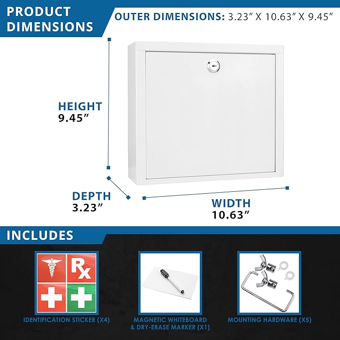 Barska Wall Mount Medical Security Cabinet – Compact Locking Medicine Box with Key Lock, Magnetic Erase Pad, Shelf & Pre-Drilled Mounting Holes - Medicine cabinet organizer - Medicine Storage Glass