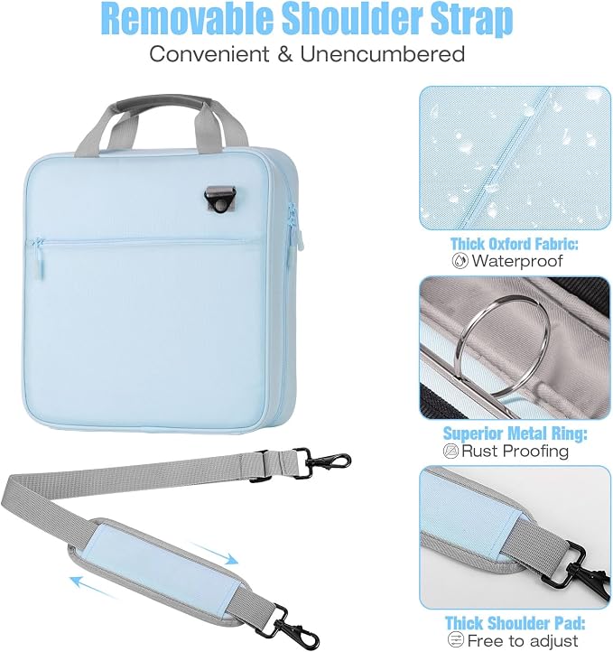 MoKo Zipper Binder, 2 Inch 3 O Ring, 5 Tab File Folders, 500 Sheets, Blue | Water-repellent 900D Oxford fabric with 5 folders, 2 mesh pocket, reinforced handle and adjustable shoulder strap.