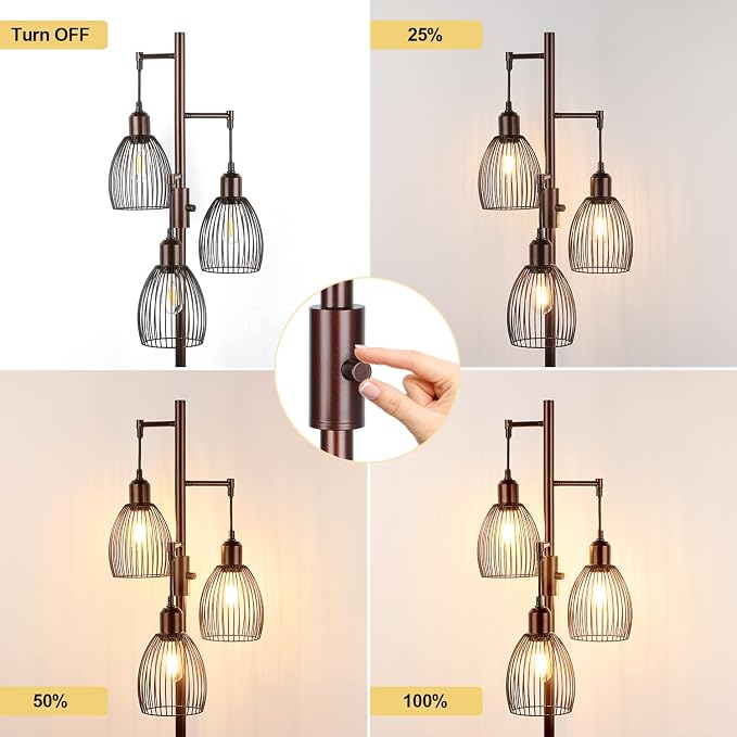 Torondo Dimmable Floor Lamp, Industrial Floor Lamps for Living Room, Brown Tree Lamp Standing Lamp Tall Lamps with 3 Elegant Teardrop Cage Head & 800 Lumens LED Bulbs for Living Room Bedroom Office