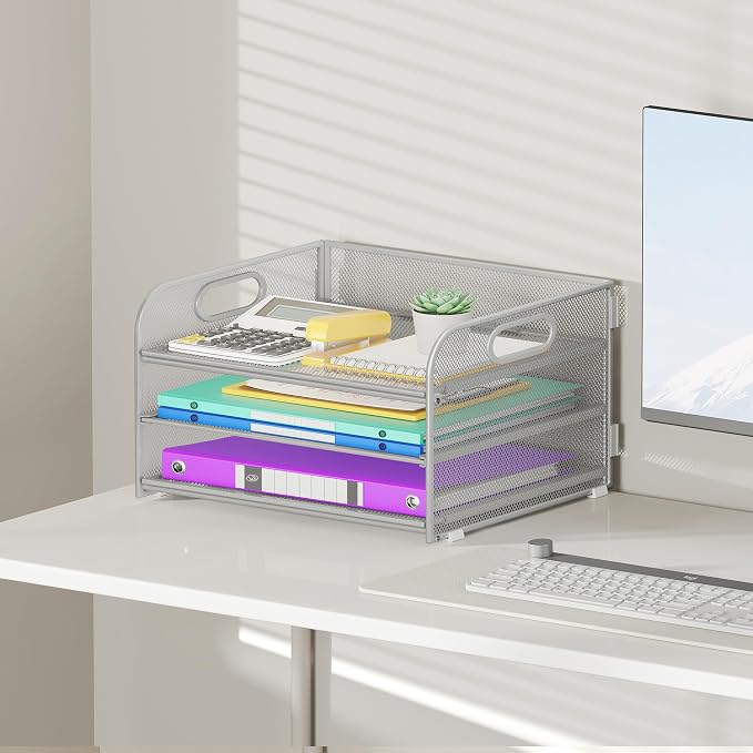 Cawukege 3 Tier Paper Organizer with Handle, Metal Desk Organizer Mesh Paper Letter Tray Desktop File Folder Document Sorter for Classroom, School, Office Accessories Storage (1, Silver)