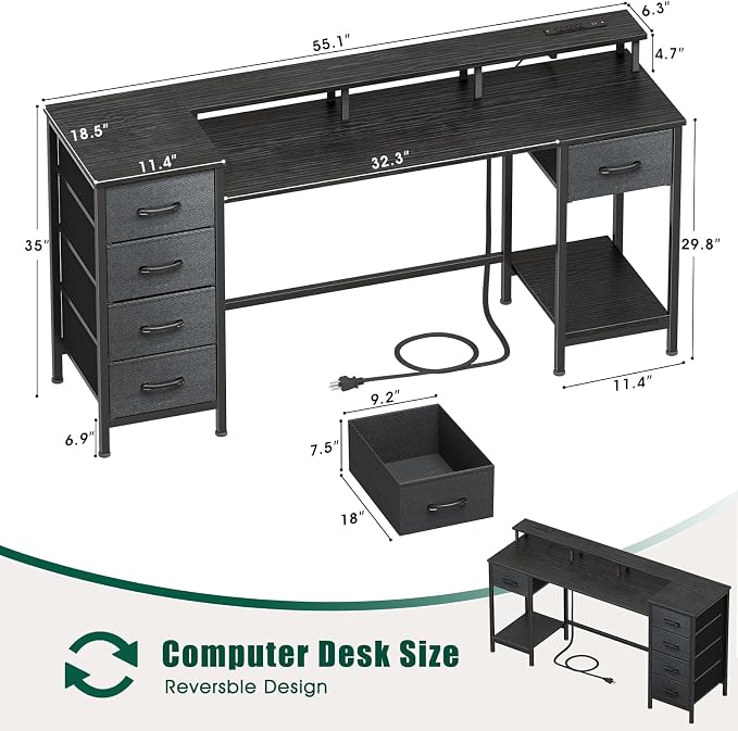 Korfile 55 Inch Gaming Computer Desk with Power Outlets,LED,5 Drawers,Black | For gaming and working,built-in power outlets and LED lights,5 fabric storage drawers, fits 55-inch, monitor stand,,black