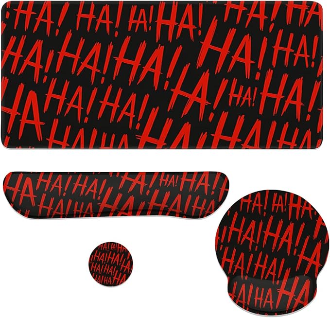Red Graffiti Mouse Pad Set HaHa Cool Gaming Mousepad 4in1 Desk Mat for Desktop Wrist Support Cup Coaster Set Ergonomic Computer Desk Arm Wrist for Decor Home Office