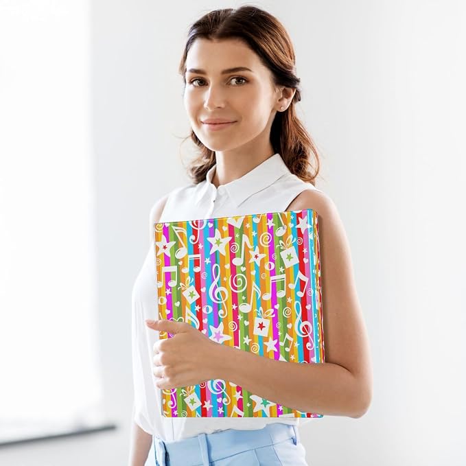 Colorful Music Note Binder 1.5 Inch Binder with Clipboard&Pockets, Rainbow Musical Hardcover Binders 3 Ring, Striped Music Notes Heavy Duty Large File Folder for Office School Supplies