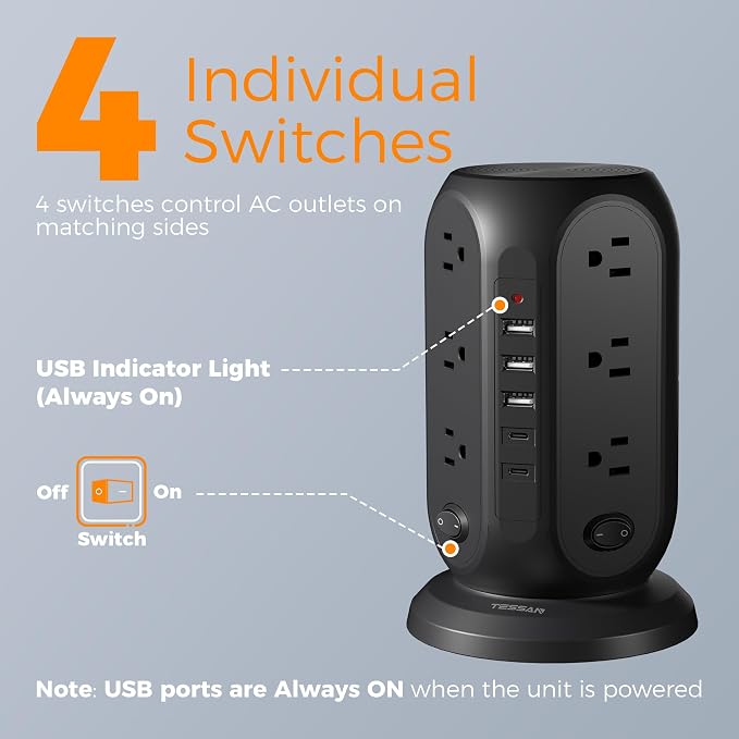 TESSAN Tower Power Strip Surge Protector, Flat Extension Cord 10 Ft,Black | Individual Switches with 12 Outlets, 5 USB Ports(2 USB C), Flat Plug, Charging Station for Multiple Devices, Office, Dorm