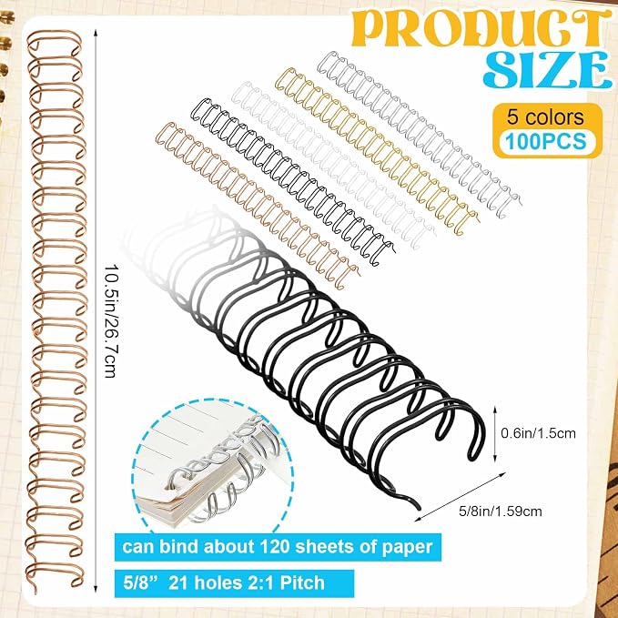 100 Pcs Metal Double Loop Binding Wires 5/8 Bulk Cinch Binding Wires Double Spiral Ring Coil 5 Colors Twin Spines Combs 21 Holes 2: 1 Pitch Cinch Coil Machine Wire