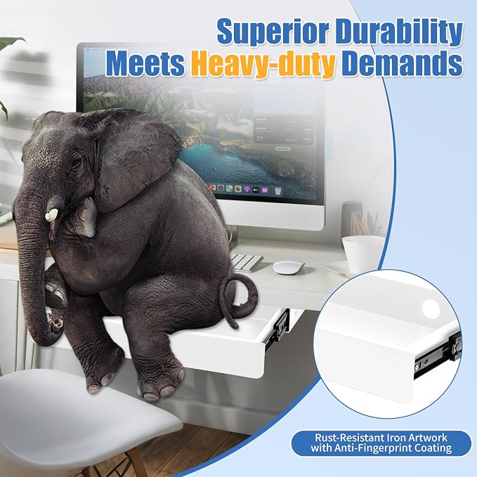 KHAMAL Under Desk Drawer Slide Out Large - Under Table Drawer 17.32" x 9.25", Pull-Out Storage Organizer With Cable Management For Home & Office (White)