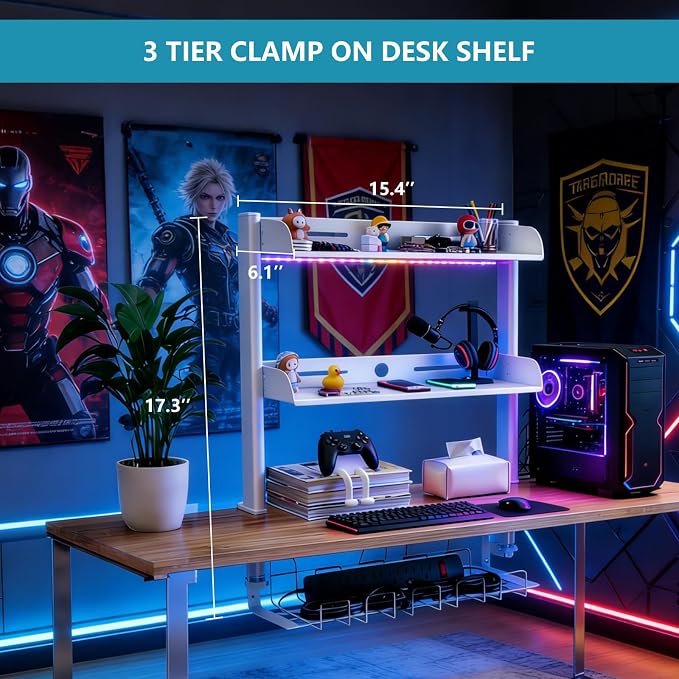 Clamp on Desk Shelf,3 Tier Desktop Organizer,Adjustable Clamp on Desk Top Organizer with Under Desk Hidden Storage Basket&Hooks,No Drilling Desk Clamp Storage Shelves for Working Gaming Accessories