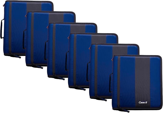 Case-it School Zipper Binder | 2" O-Rings | 350-Sheet | D-251 Midnight Blue | Classic, Multiple Storage Pockets, Shoulder Strap, School & Office Organizer, 6-Pack