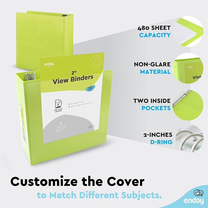 Enday 2 inch 3 Ring Binder (6 Pack - Assorted Colors) Binder 2 inch with Clear View Cover and 2 Inside Pocket - for Letter Size 8.5 x 11'' Paper, Ideal for School Supplies, Office, and Home