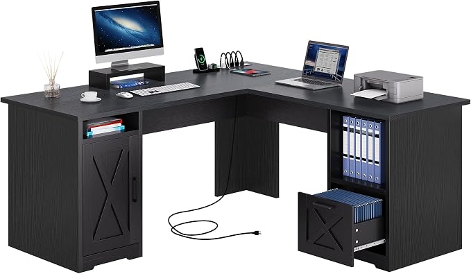 YITAHOME L Shaped Desk with Power Outlets | 60 Inch Computer Desk Corner Desk with File Drawer, Home Office Desk with Monitor Stand & Storage Shelves, L-Shaped Desk with