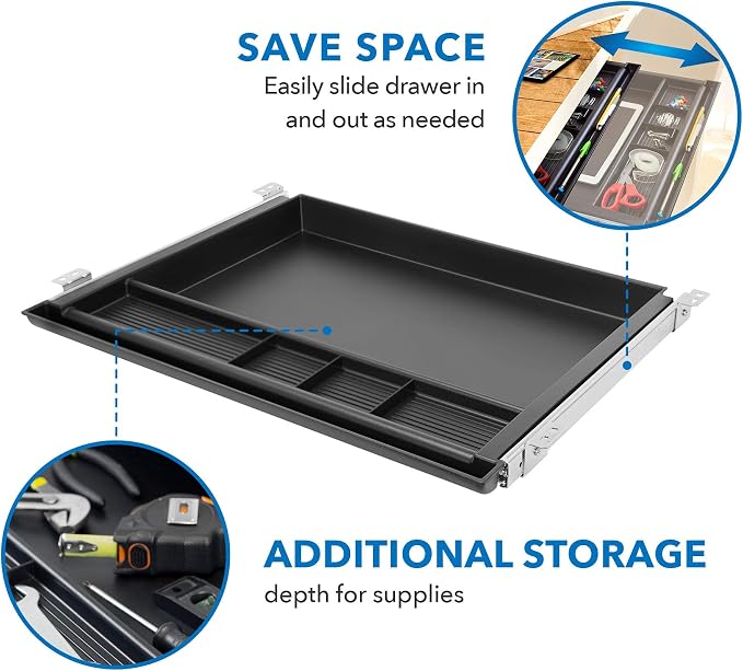MOUNT-IT! Large Under Desk Pencil Drawer 16 inch Deep | 21.25” W, Ball Bearing Slide-Out Organizer for Office Supplies, Paper & Pencils | Fits Desks Over 1” Thick, Adjustable Extension 16.25”–28”