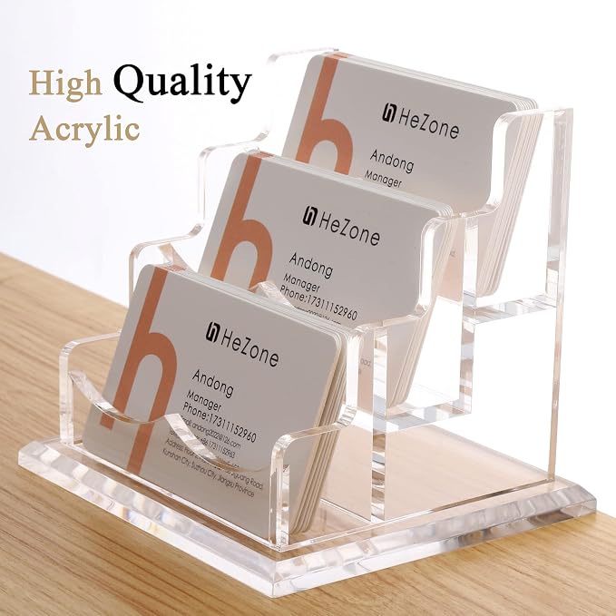 HeZone Business Card Holder for Desk 3 Slots 3 Tier, Clear Acrylic Cards Display Stand, Cards Organizer for Women and Men, Hold 150 Cards-Horizontal 3 Slots