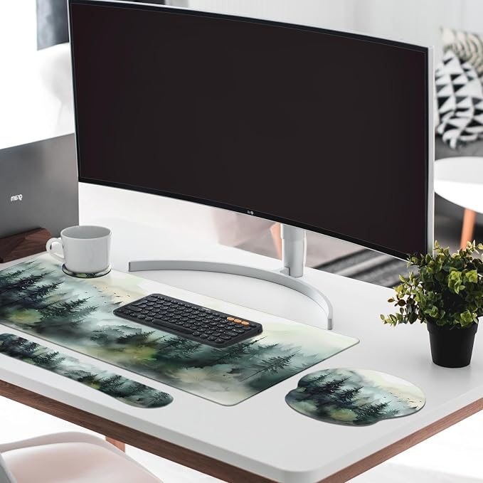 Keyboard Mouse Pad Set, 4 in 1 Desk Mat Set, Mountain Forest | Green Ink Large Mousepad+Keyboard Wrist Rest+Mouse Wrist Rest+Coaster Ergonomic Design for Home Office Computer