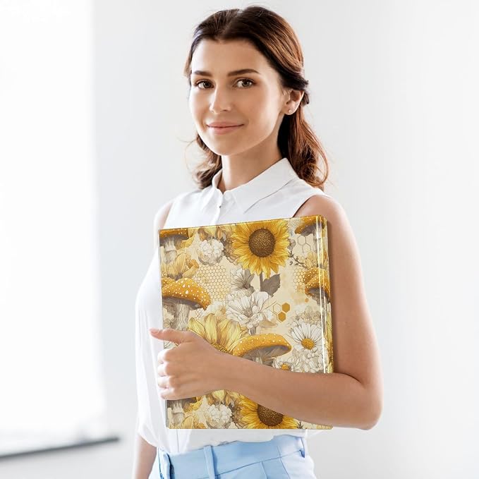 Yellow Sunflower and Mushroom Binder 3 Ring 1.5 Inch Binder with Clipboard&Pockets, Hardcover Binders Heavy Duty Large File Folder for Office School Supplies - Holds 200 Sheets, 2 PC