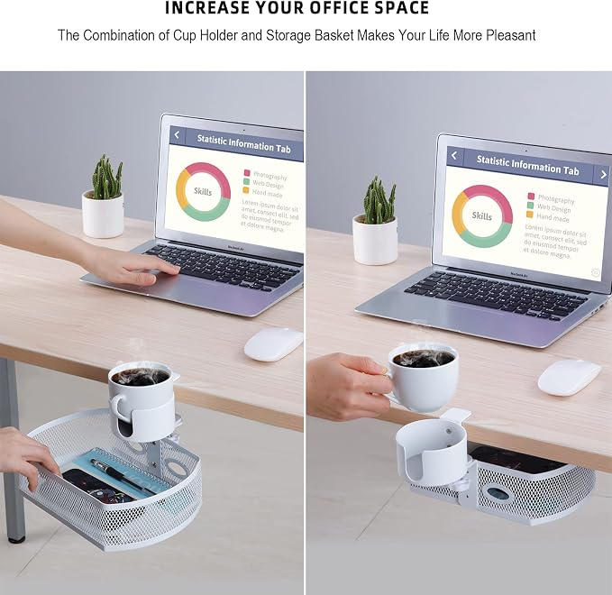 MASTLU Under Desk Organizer,Cup Holder,Table Management Tray, Swivel Pencil Drawer, Office No Drill Steel Organizers,360 Spin Hidden Storage Box with Sturdy C-Clamp,Easy Install (White)