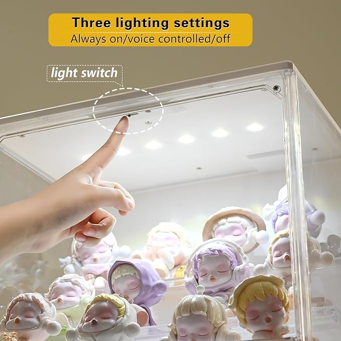 GUDEMAY Acrylic Display Case with Lights, Clear Showcase with Detachable Shelf, Stackable Storage Bins for Collectibles, Action Figure, Popmart (L-1 Pack)