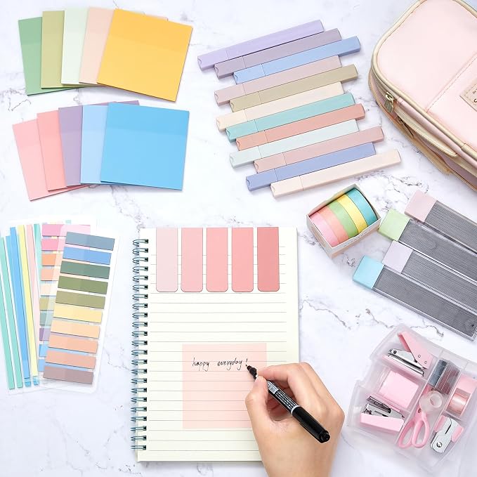 Sinload 60 Pcs Aesthetic Book Annotation Kit School Supplies Cute Pencil Case Mini Stapler Set 12 Highlighter 5 Gel Pen 6 Pencil 5 Magnetic Bookmark 1220 Sticky Note Student Stationary(Pink)
