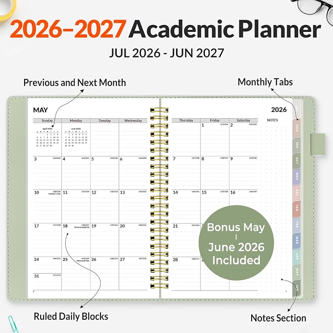 SUNEE 2026-2027 Weekly & Monthly Planner 6.4"x8.5" - 12 Month (July 2026 - June 2027), Vegan Leather Cover Planner Academic Year Calendar, Pocket, Notes, Monthly Tab, Green