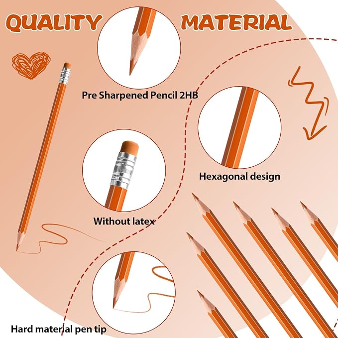 24PCS Erasable Colored Pencils with Eraser Pre Sharpened Pencil 2 HB - Ideal for Checking, Grading, Tests & Office/School Supplies (Orange)