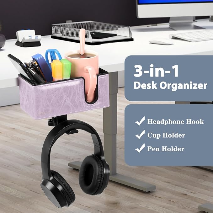 Under Desk Cup Holder Clamp on Cup Holder PU Leather Clip on Desk Organizer | Desk organizer with pencil holder clamp on side, under desk hanging organizer, clip on cup holder desk phone stand holder PU