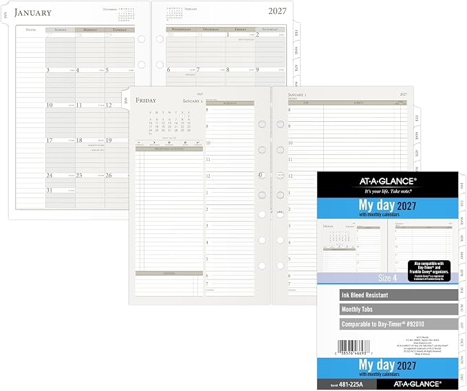 AT-A-GLANCE 2027 Planner Refill Daily & Monthly, 5.5" x 8.5", Desk Size 4, Two Page Per Day Refill, 7-Ring Loose-Leaf (481-225A-27)