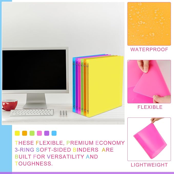 Fulmoon 48 Pack 3 Ring Plastic Binders 1/2 Inch Bulk with 2 Pockets, Flexible Binder Loose Leaf Hardcover, Fit 12" x 10" US Letter Size Paper, for School Office Home, 6 Colors(Bright)
